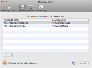 Directory Utility showing two NFS shares to be automounted