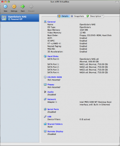 VirtualBox showing the settings for my ZFS-based NAS device